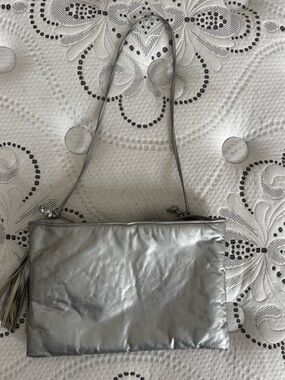 Silver Metallic Tassel Clutch - Sleek Evening Bag